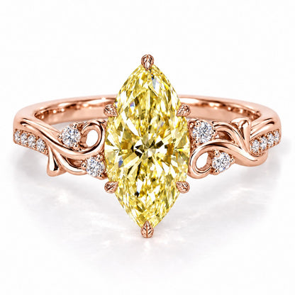 Yellow Marquise Cut Lab Grown Diamond Engagement Ring - Vintage Scroll in rose gold, front view