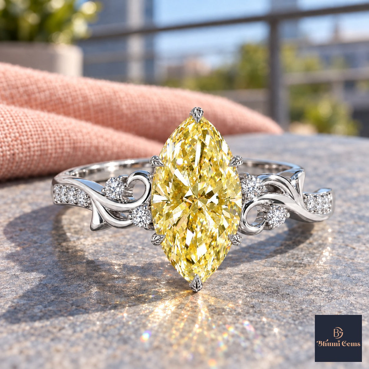 Yellow Marquise Cut Lab Grown Diamond Engagement Ring - Vintage Scroll in white gold, close-up