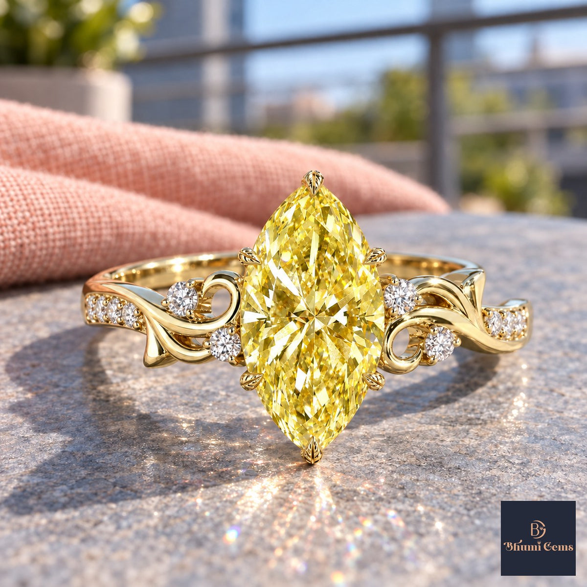 Yellow Marquise Cut Lab Grown Diamond Engagement Ring - Vintage Scroll in yellow gold, close-up