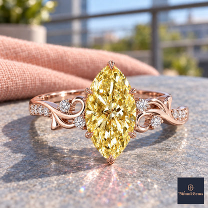 Yellow Marquise Cut Lab Grown Diamond Engagement Ring - Vintage Scroll in rose gold, close-up