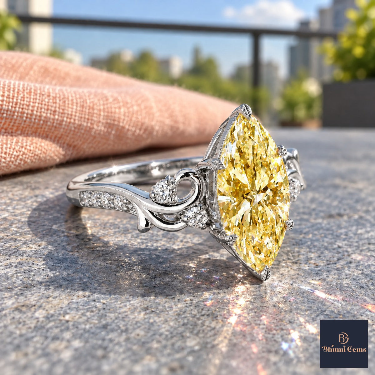 Yellow Marquise Cut Lab Grown Diamond Engagement Ring - Vintage Scroll in white gold, side view
