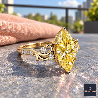Yellow Marquise Cut Lab Grown Diamond Engagement Ring - Vintage Scroll in yellow gold, side view