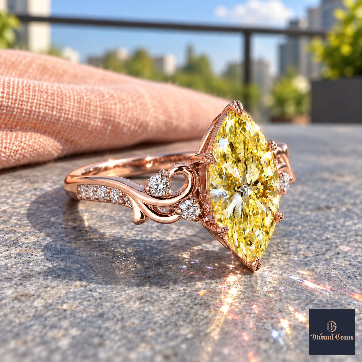 Yellow Marquise Cut Lab Grown Diamond Engagement Ring - Vintage Scroll in rose gold, side view