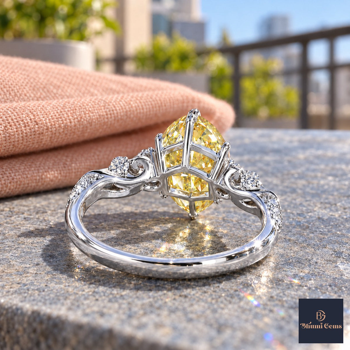 Yellow Marquise Cut Lab Grown Diamond Engagement Ring - Vintage Scroll in white gold, gallery view