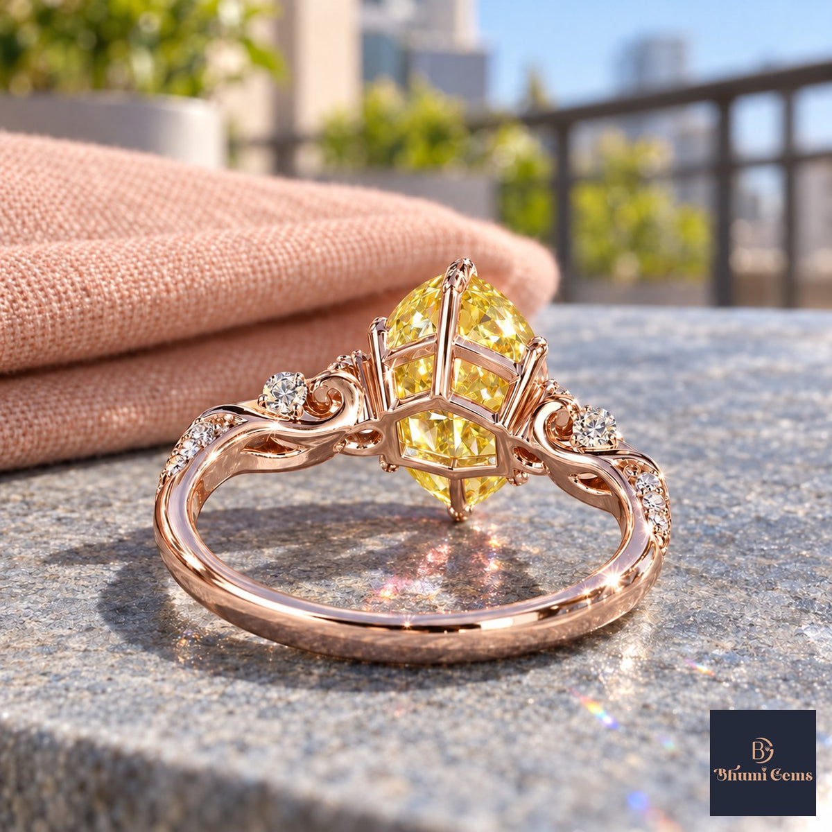 Yellow Marquise Cut Lab Grown Diamond Engagement Ring - Vintage Scroll in rose gold, gallery view