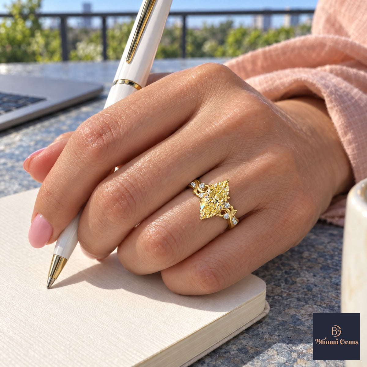 Yellow Marquise Cut Lab Grown Diamond Engagement Ring - Vintage Scroll in yellow gold, on the hand