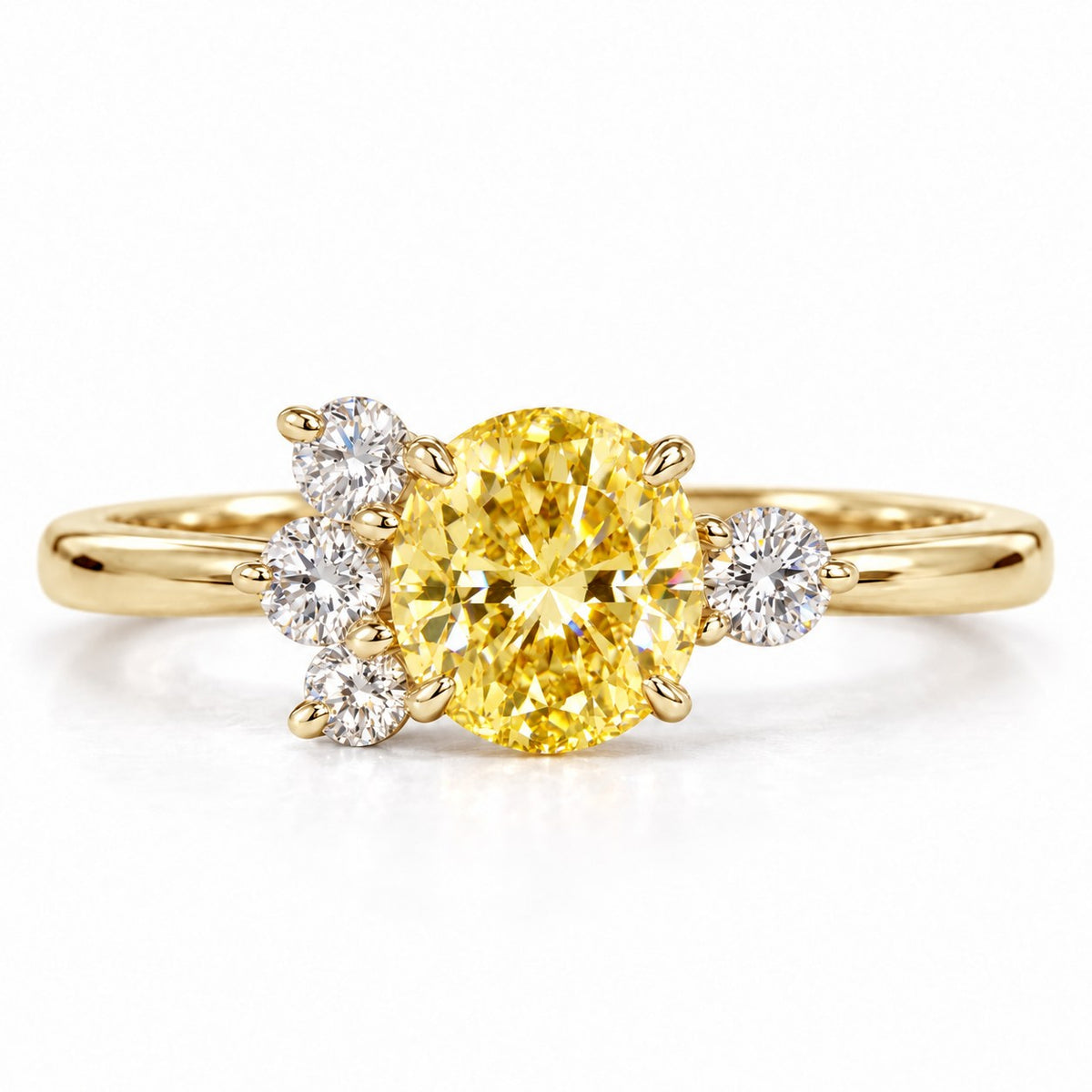 Yellow Oval Cut Lab Grown Diamond Engagement Ring - Asymmetric Cluster in yellow gold, front view