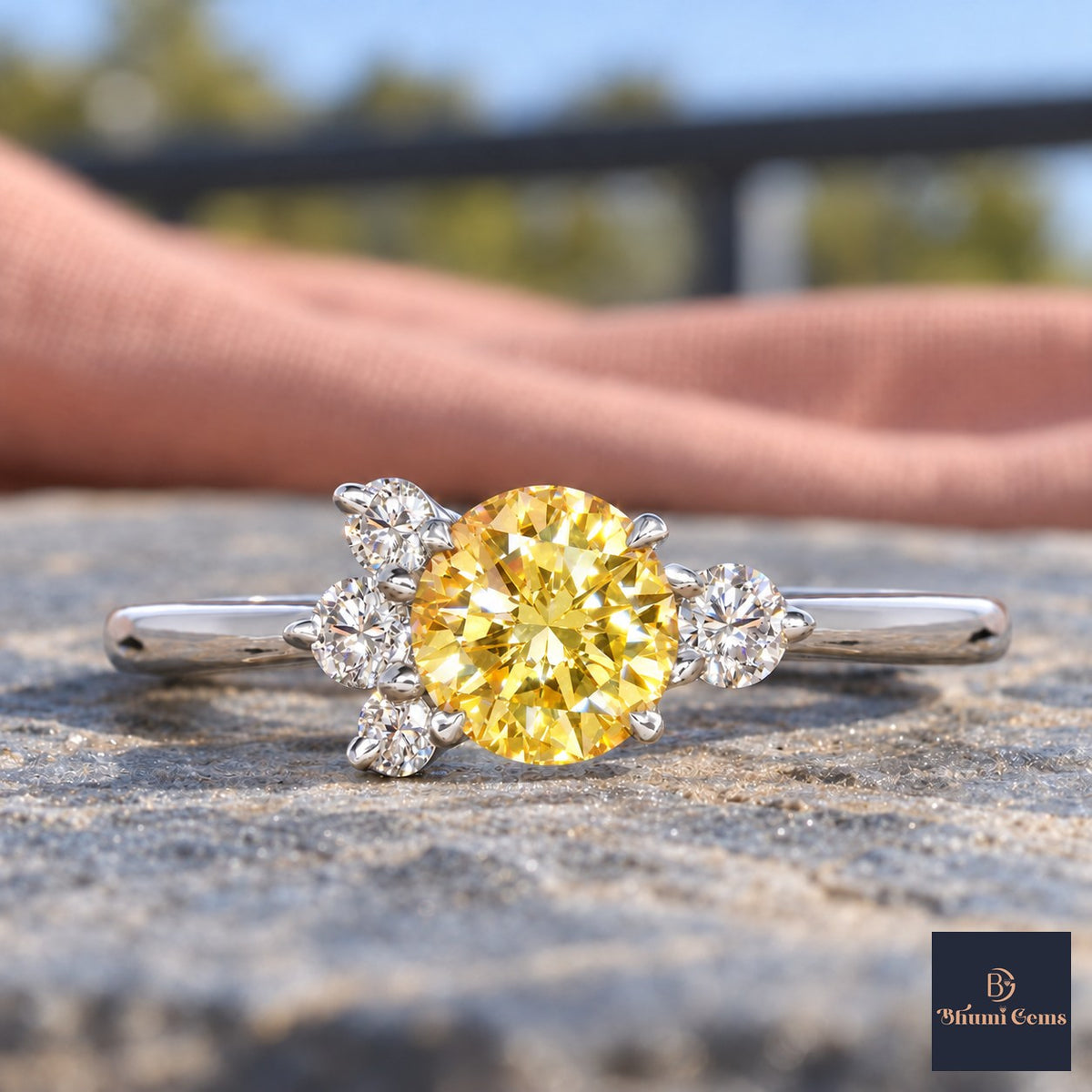 Yellow Oval Cut Lab Grown Diamond Engagement Ring - Asymmetric Cluster in white gold, close-up