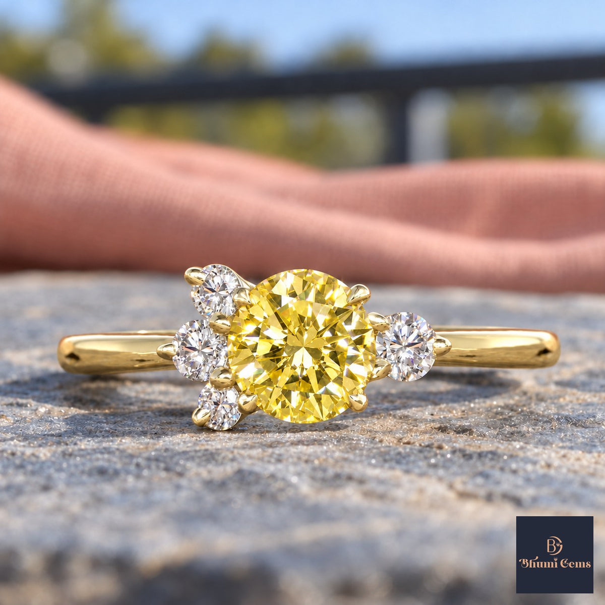 Yellow Oval Cut Lab Grown Diamond Engagement Ring - Asymmetric Cluster in yellow gold, close-up