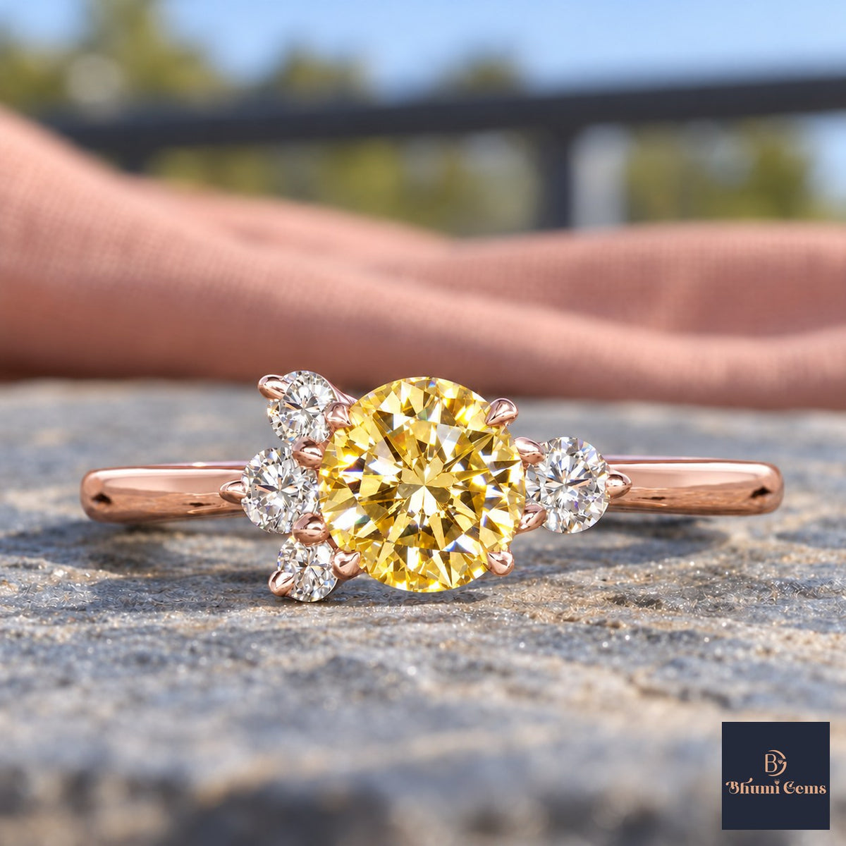 Yellow Oval Cut Lab Grown Diamond Engagement Ring - Asymmetric Cluster in rose gold, close-up
