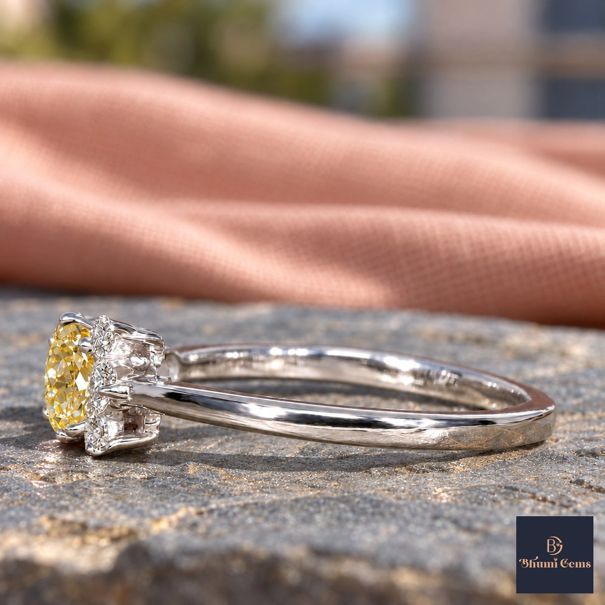 Yellow Oval Cut Lab Grown Diamond Engagement Ring - Asymmetric Cluster in white gold, side view