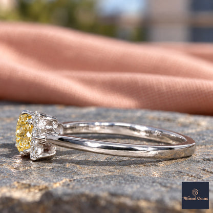 Yellow Oval Cut Lab Grown Diamond Engagement Ring - Asymmetric Cluster in white gold, side view