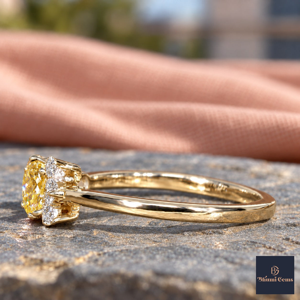 Yellow Oval Cut Lab Grown Diamond Engagement Ring - Asymmetric Cluster in yellow gold, side view
