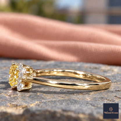 Yellow Oval Cut Lab Grown Diamond Engagement Ring - Asymmetric Cluster in yellow gold, side view