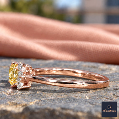 Yellow Oval Cut Lab Grown Diamond Engagement Ring - Asymmetric Cluster in rose gold, side view