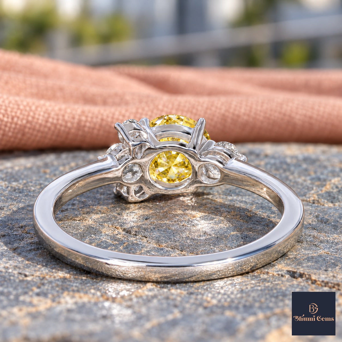 Yellow Oval Cut Lab Grown Diamond Engagement Ring - Asymmetric Cluster in white gold, gallery view