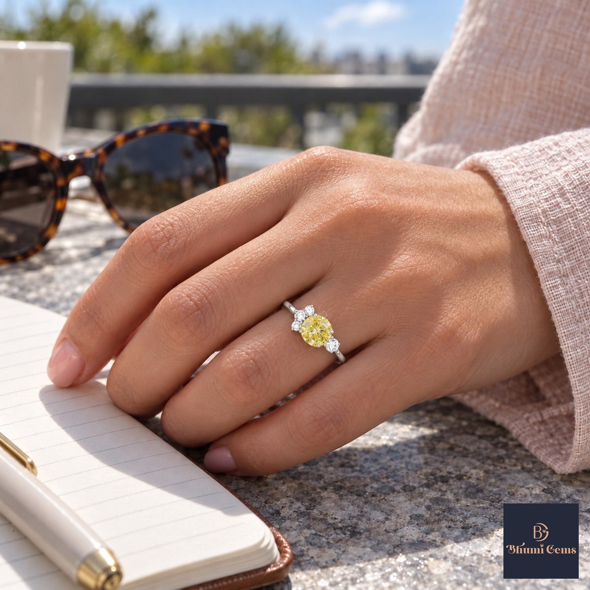 Yellow Oval Cut Lab Grown Diamond Engagement Ring - Asymmetric Cluster in white gold, worn on the hand