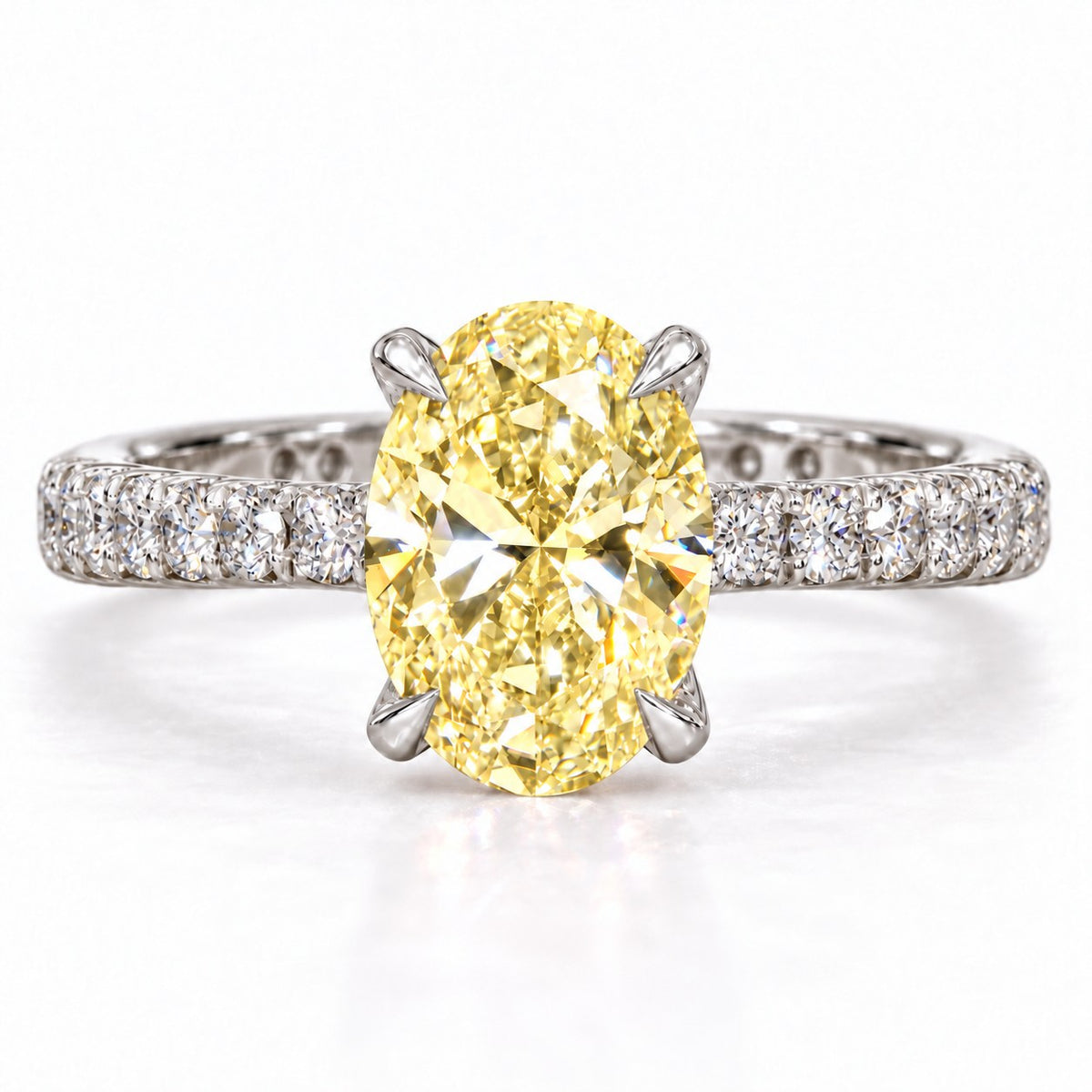 Yellow Oval Cut Lab Grown Diamond Engagement Ring - Cathedral Pave Band in white gold, front view