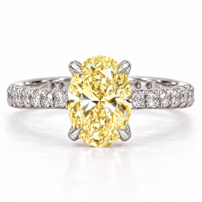 Yellow Oval Cut Lab Grown Diamond Engagement Ring - Cathedral Pave Band in white gold, front view