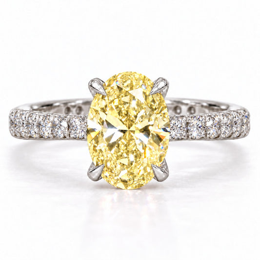 Yellow Oval Cut Lab Grown Diamond Engagement Ring - Cathedral Pave Band in white gold, front view
