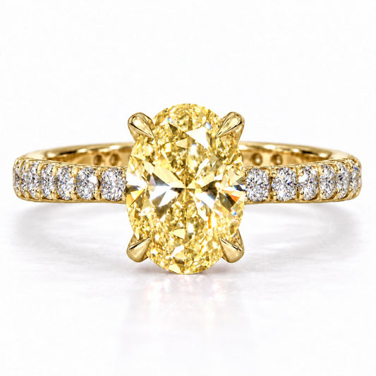 Yellow Oval Cut Lab Grown Diamond Engagement Ring - Cathedral Pave Band in yellow gold, front view