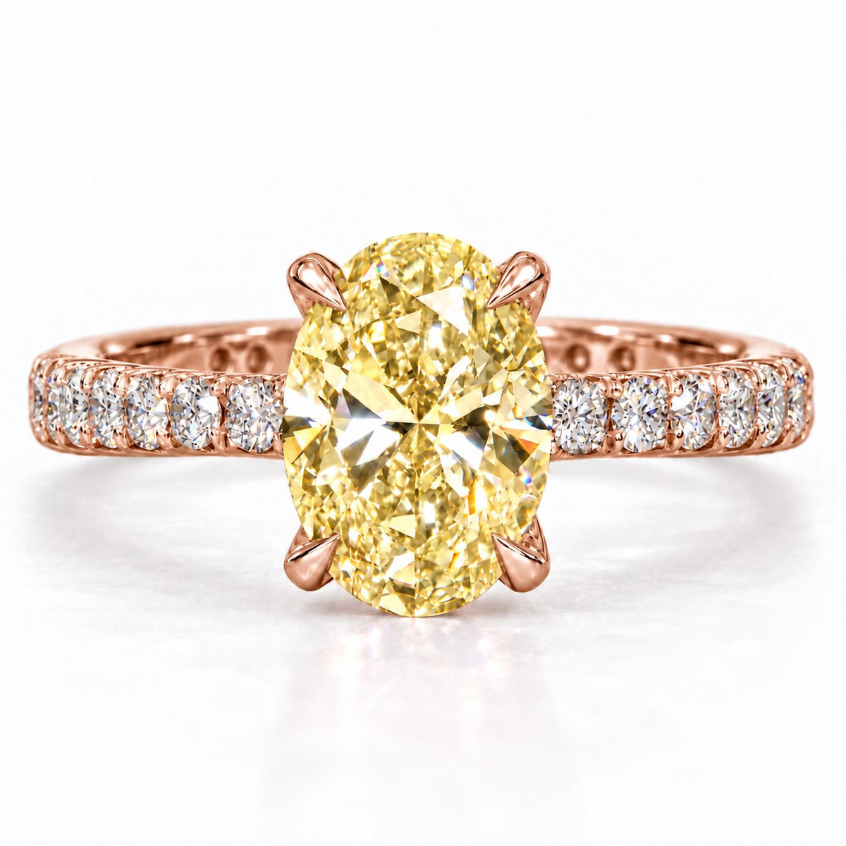 Yellow Oval Cut Lab Grown Diamond Engagement Ring - Cathedral Pave Band in rose gold, front view