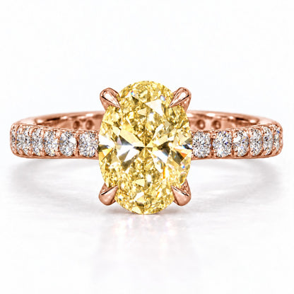 Yellow Oval Cut Lab Grown Diamond Engagement Ring - Cathedral Pave Band in rose gold, front view