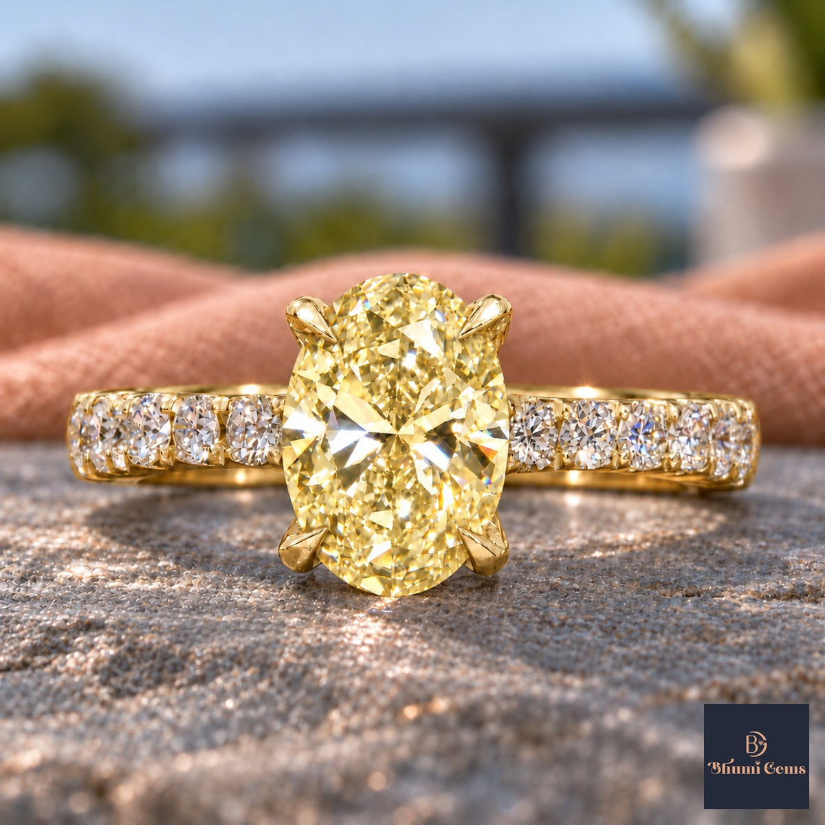 Yellow Oval Cut Lab Grown Diamond Engagement Ring - Cathedral Pave Band in yellow gold, close-up