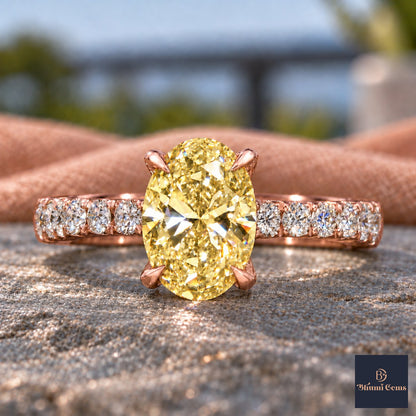 Yellow Oval Cut Lab Grown Diamond Engagement Ring - Cathedral Pave Band in rose gold, close-up