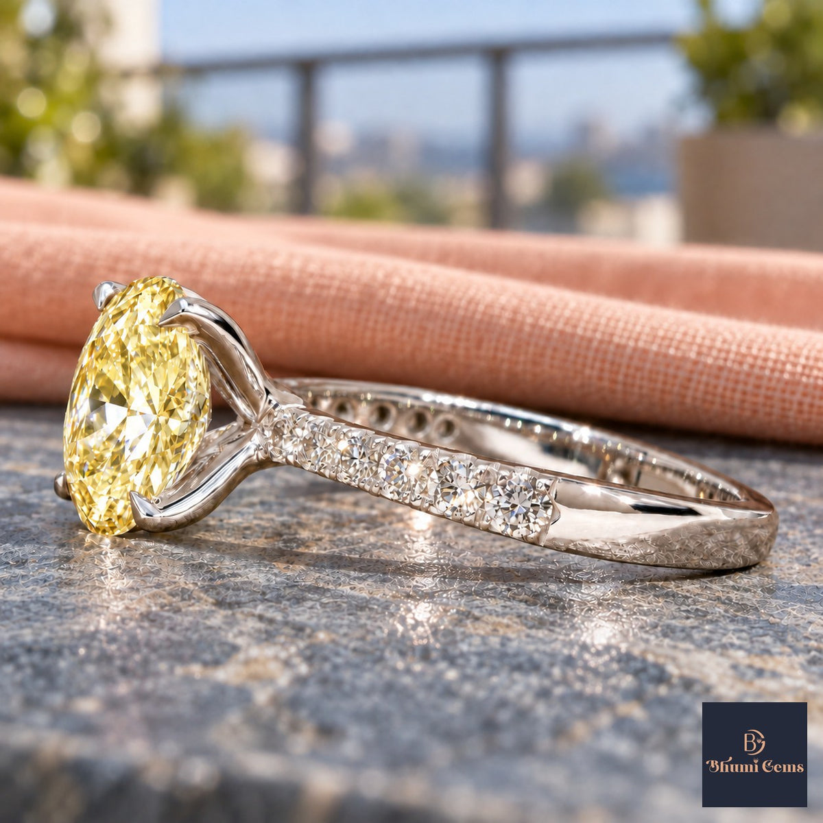 Yellow Oval Cut Lab Grown Diamond Engagement Ring - Cathedral Pave Band in white gold, side view