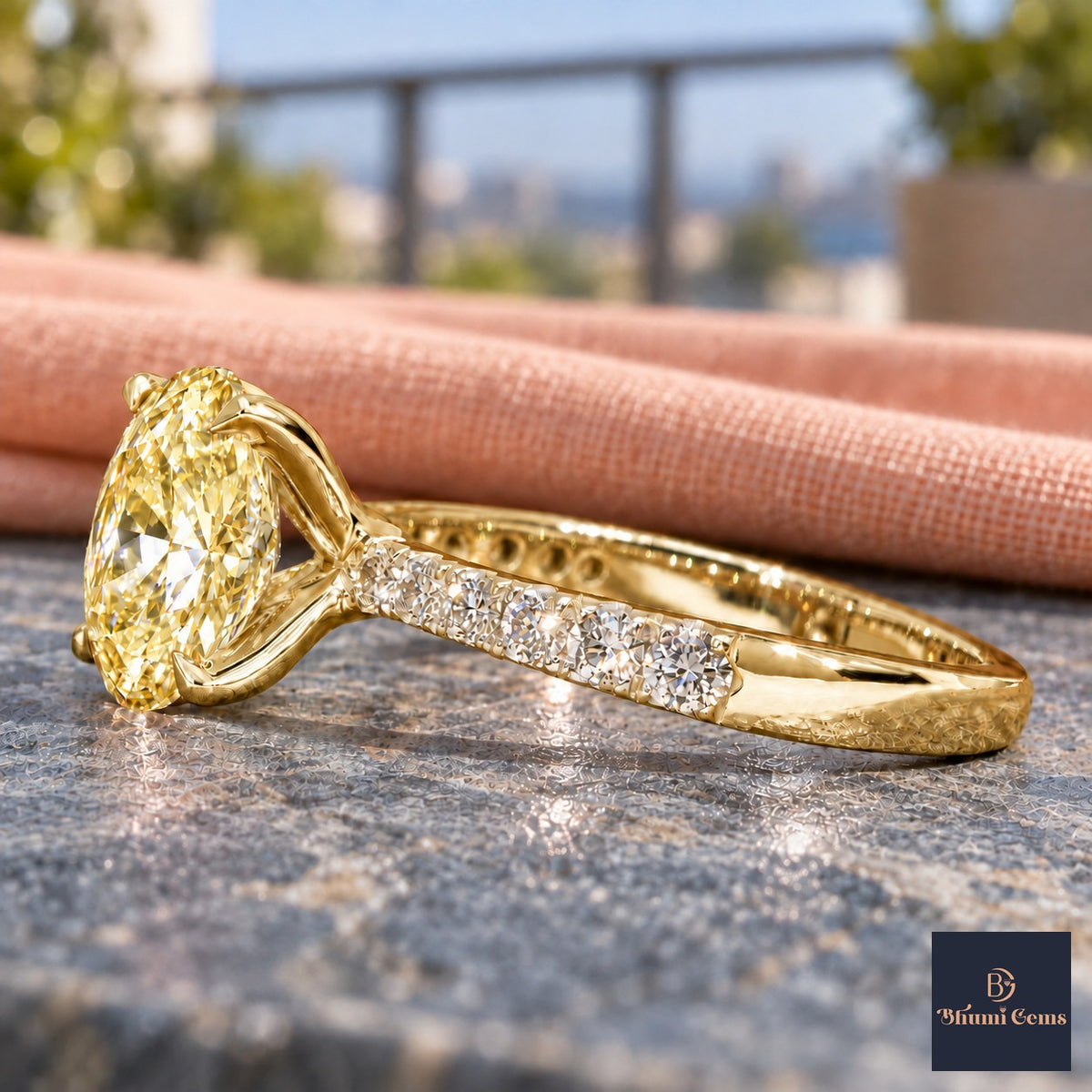 Yellow Oval Cut Lab Grown Diamond Engagement Ring - Cathedral Pave Band in yellow gold, side view