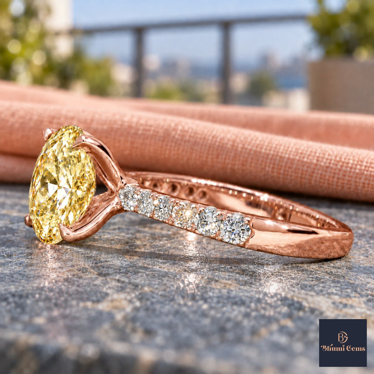 Yellow Oval Cut Lab Grown Diamond Engagement Ring - Cathedral Pave Band in rose gold, side view