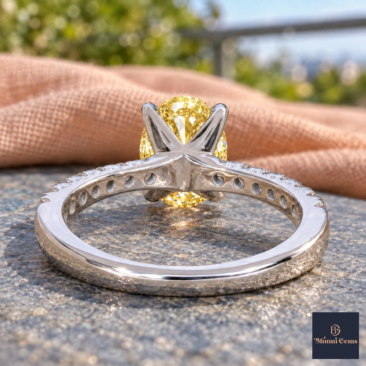 Yellow Oval Cut Lab Grown Diamond Engagement Ring - Cathedral Pave Band in white gold, gallery view