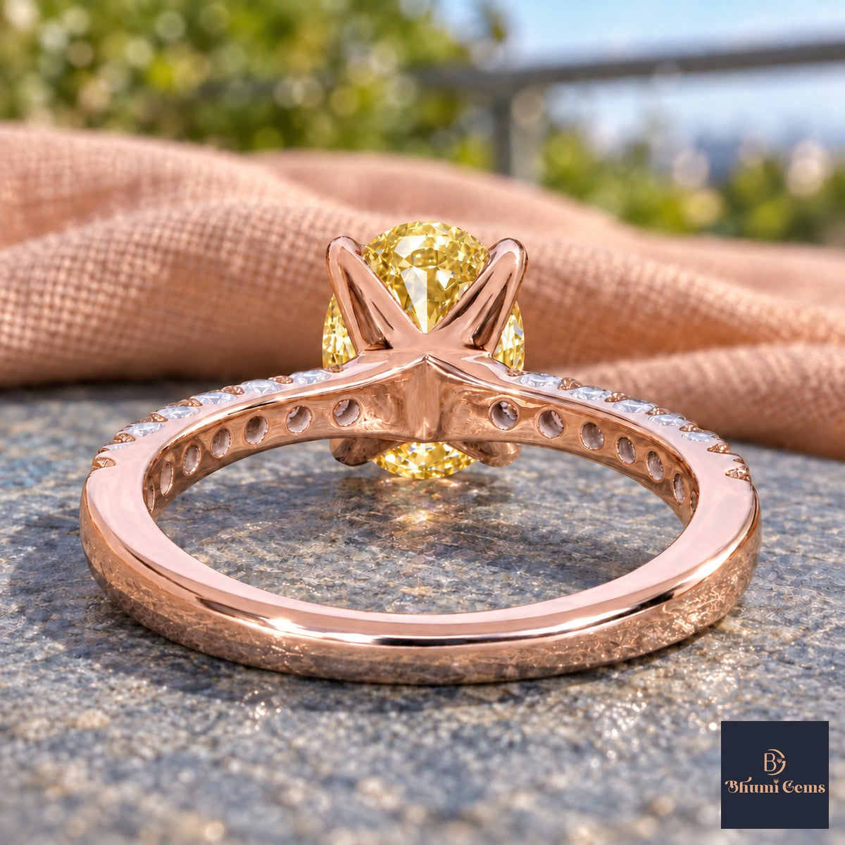 Yellow Oval Cut Lab Grown Diamond Engagement Ring - Cathedral Pave Band in rose gold, gallery view