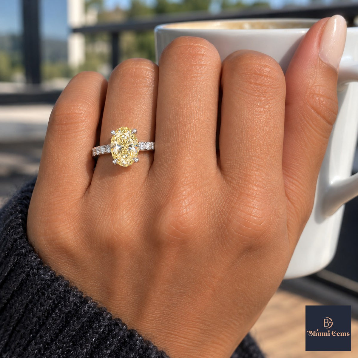 Yellow Oval Cut Lab Grown Diamond Engagement Ring - Cathedral Pave Band in white gold, on the hand