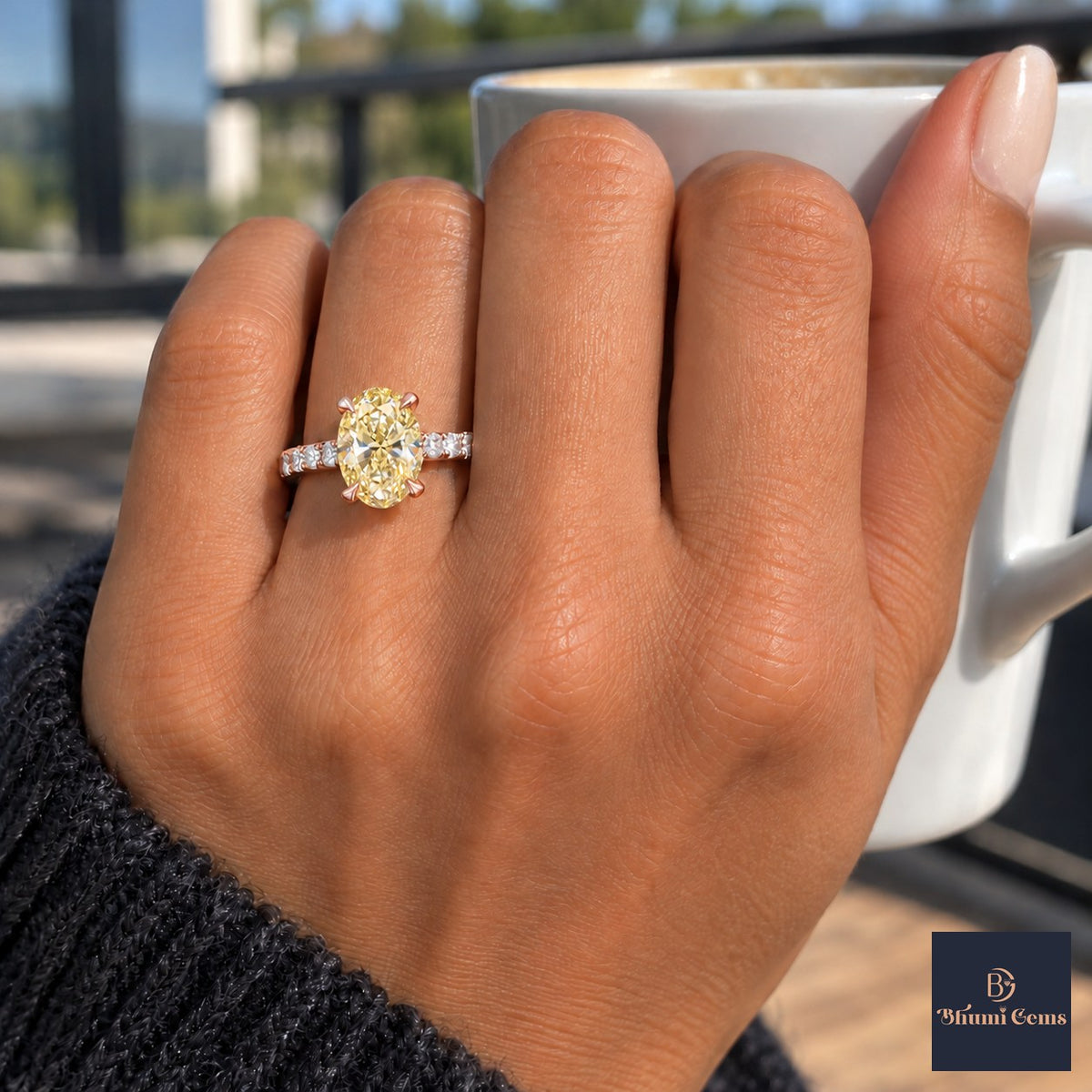 Yellow Oval Cut Lab Grown Diamond Engagement Ring - Cathedral Pave Band in rose gold, on the hand