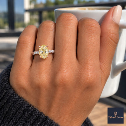 Yellow Oval Cut Lab Grown Diamond Engagement Ring - Cathedral Pave Band in rose gold, on the hand