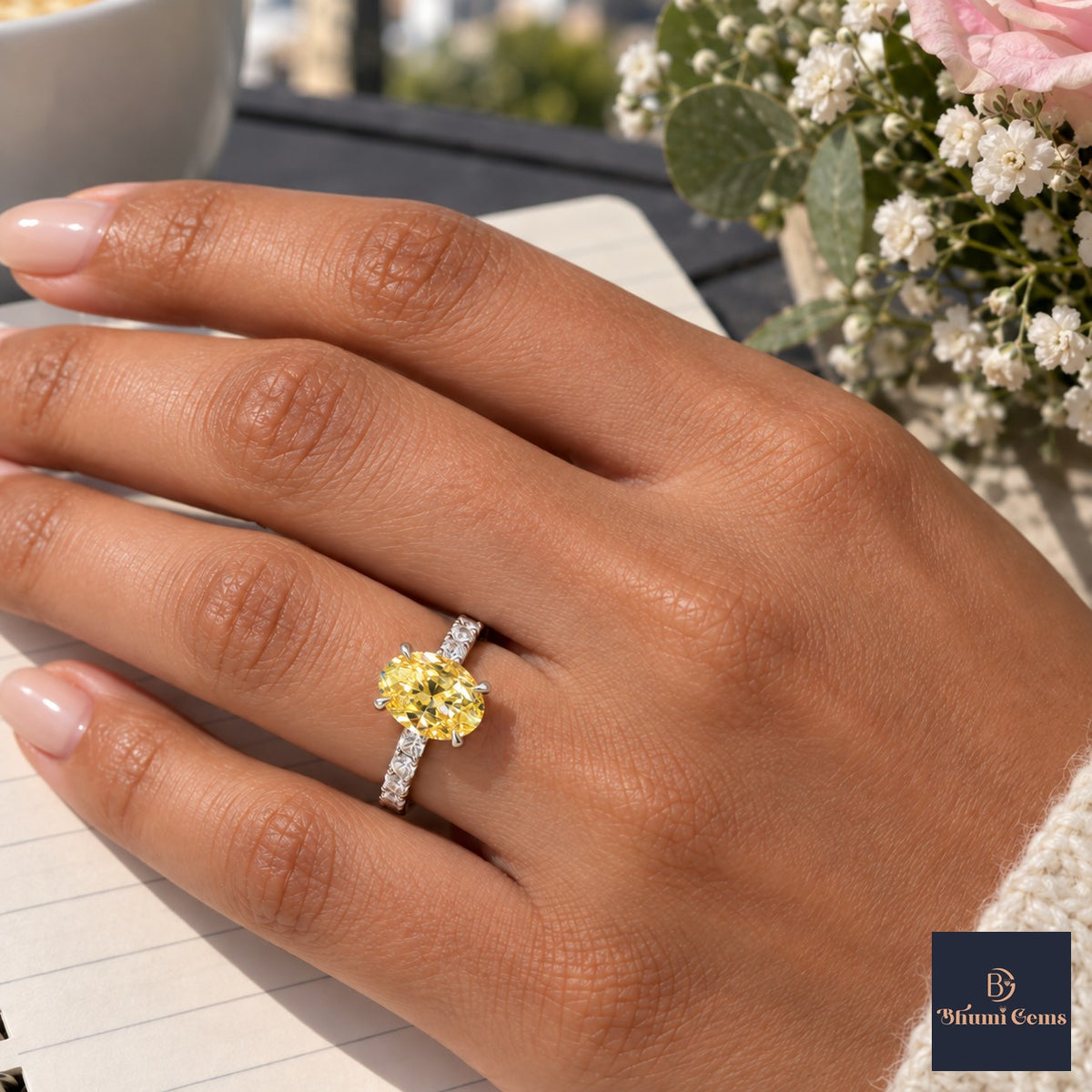 Yellow Oval Cut Lab Grown Diamond Engagement Ring - Cathedral Pave Band in white gold, worn on the hand