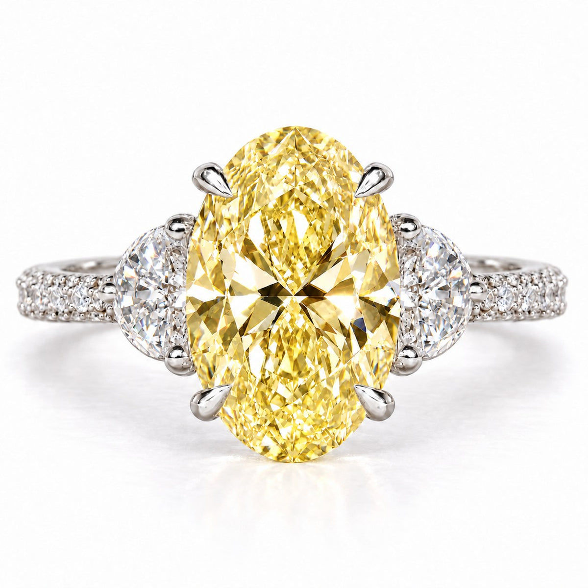Yellow Oval Cut Lab Grown Diamond Engagement Ring - Half Moon Pave in white gold, front view