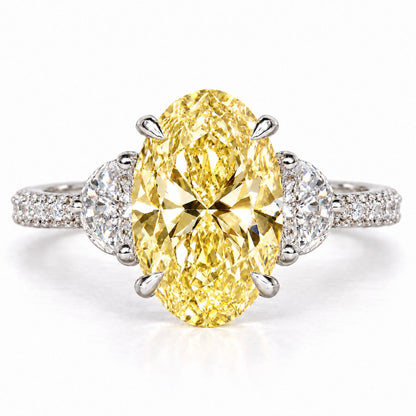 Yellow Oval Cut Lab Grown Diamond Engagement Ring - Half Moon Pave in white gold, front view