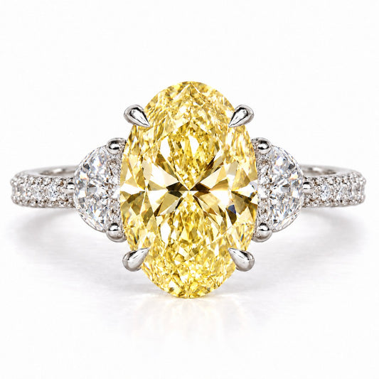 Yellow Oval Cut Lab Grown Diamond Engagement Ring - Half Moon Pave in white gold, front view