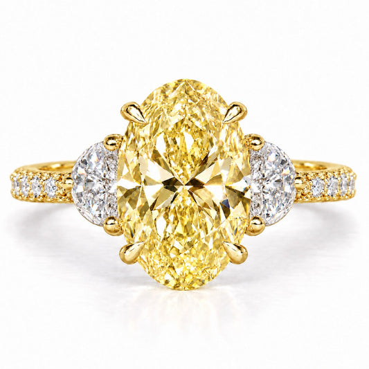 Yellow Oval Cut Lab Grown Diamond Engagement Ring - Half Moon Pave in yellow gold, front view