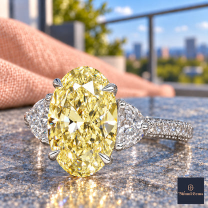 Yellow Oval Cut Lab Grown Diamond Engagement Ring - Half Moon Pave in white gold, close-up