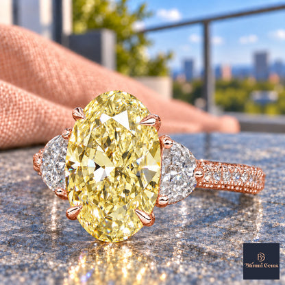 Yellow Oval Cut Lab Grown Diamond Engagement Ring - Half Moon Pave in rose gold, close-up