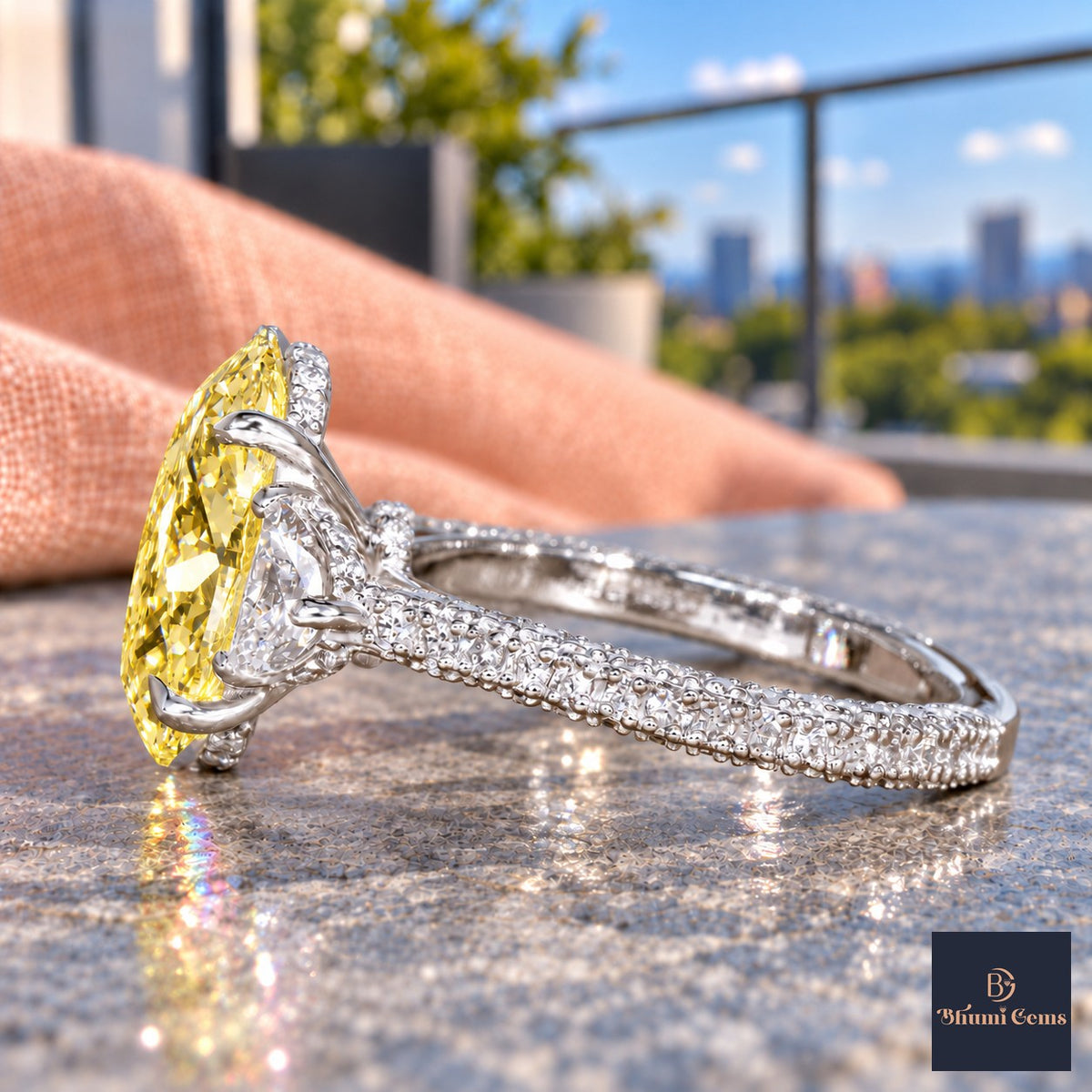 Yellow Oval Cut Lab Grown Diamond Engagement Ring - Half Moon Pave in white gold, side view