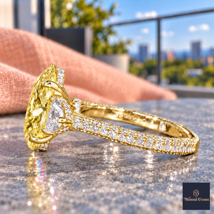 Yellow Oval Cut Lab Grown Diamond Engagement Ring - Half Moon Pave in yellow gold, side view