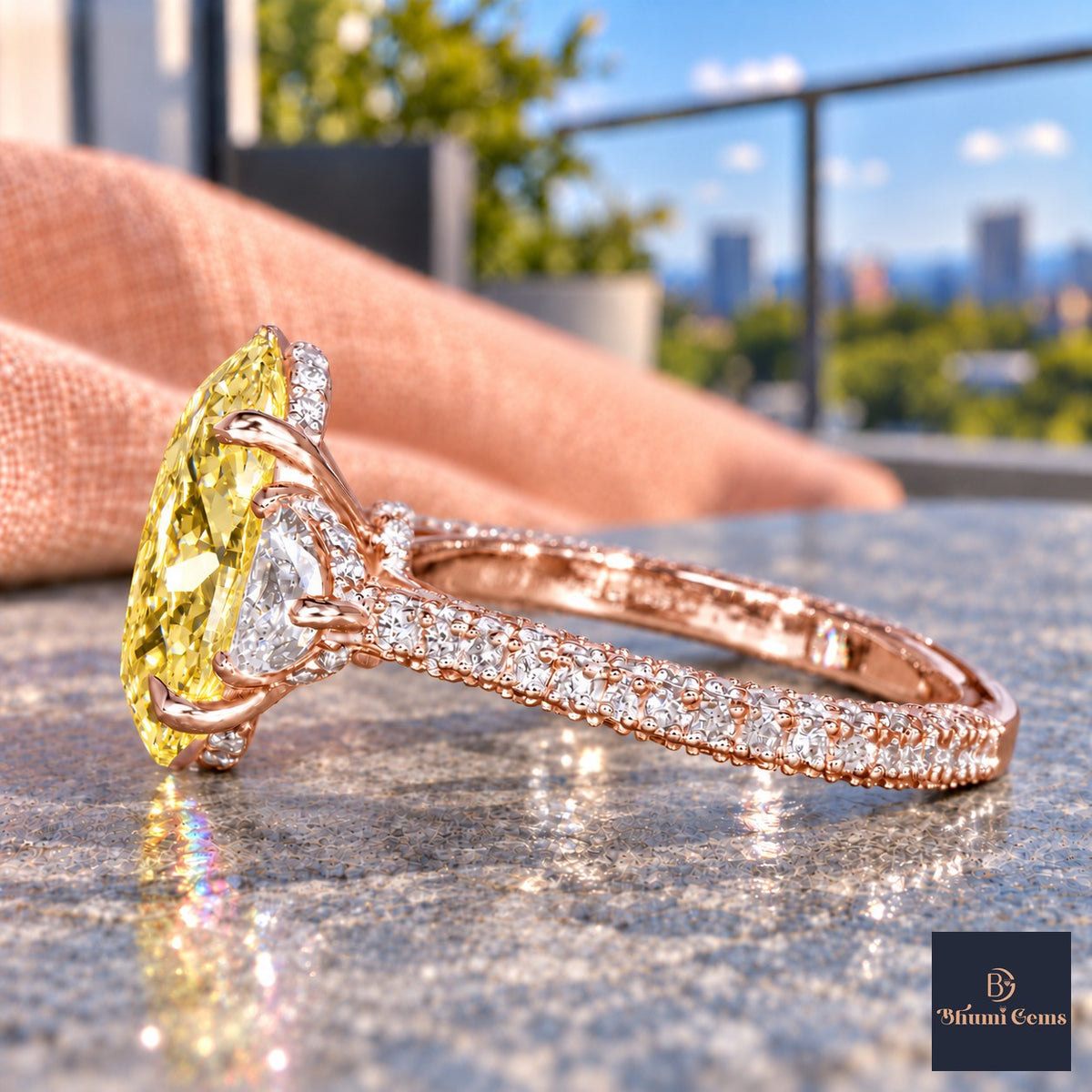 Yellow Oval Cut Lab Grown Diamond Engagement Ring - Half Moon Pave in rose gold, side view