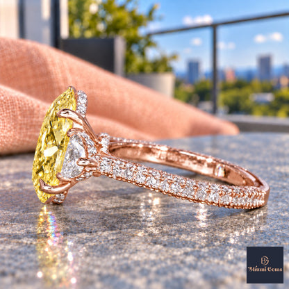 Yellow Oval Cut Lab Grown Diamond Engagement Ring - Half Moon Pave in rose gold, side view