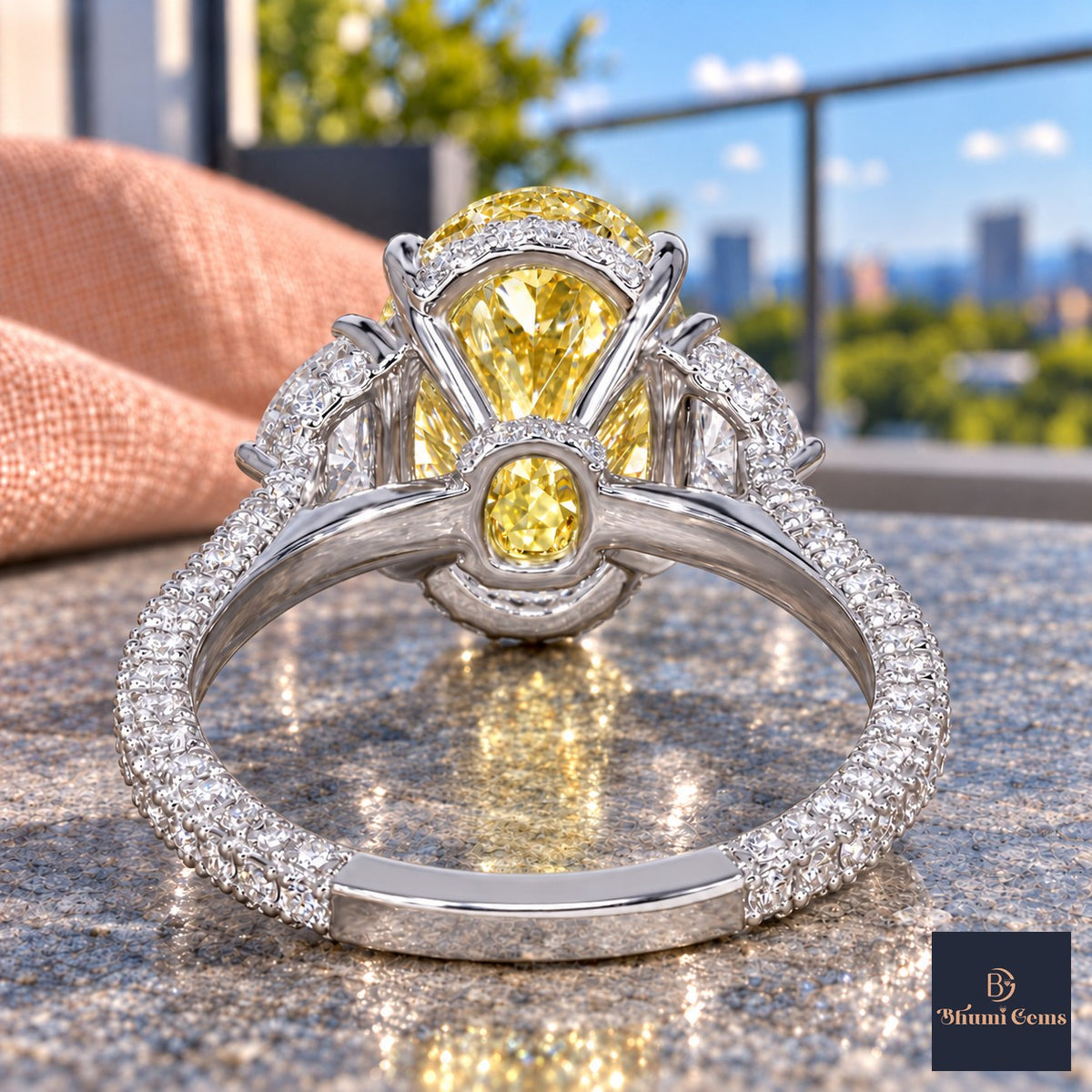 Yellow Oval Cut Lab Grown Diamond Engagement Ring - Half Moon Pave in white gold, gallery view