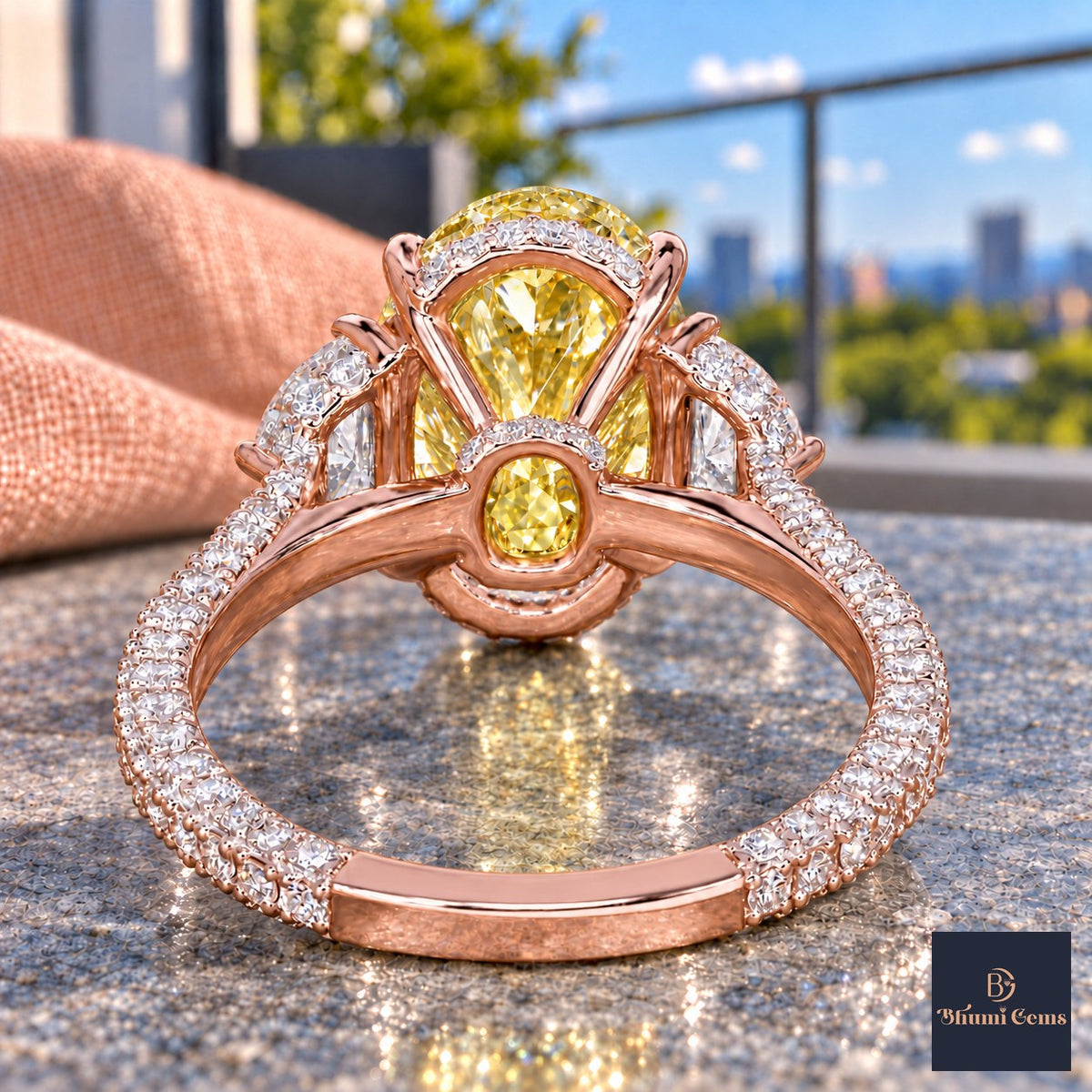 Yellow Oval Cut Lab Grown Diamond Engagement Ring - Half Moon Pave in rose gold, gallery view
